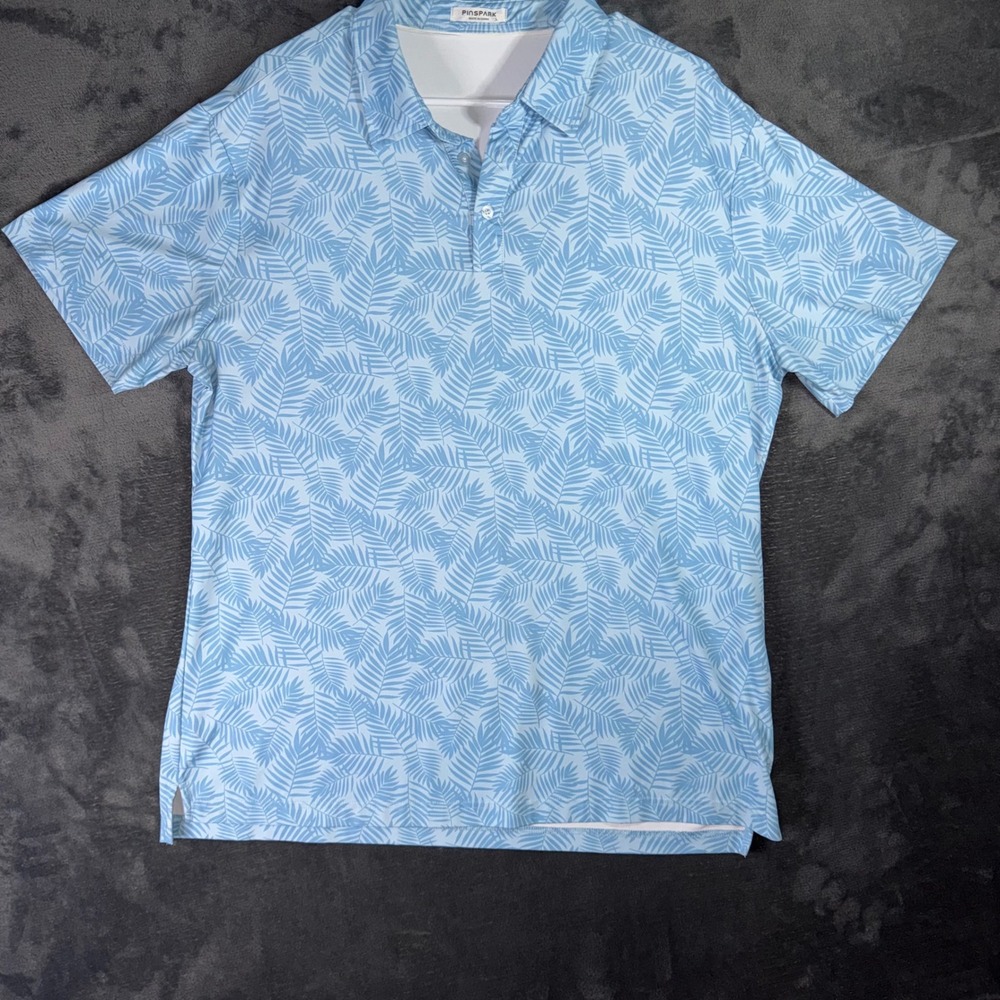 Mens Large Pinspark Polo Shirt Blue Excellent Tropical Palm Leaf Print Golf Top